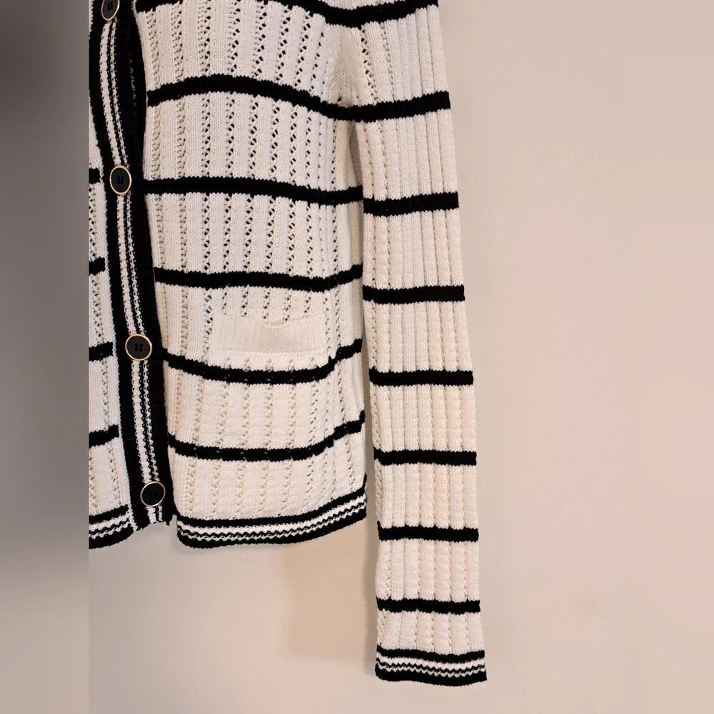 Free Assembly Black & White Striped Knit Long Sleeve Cardigan Sweater Size XS
